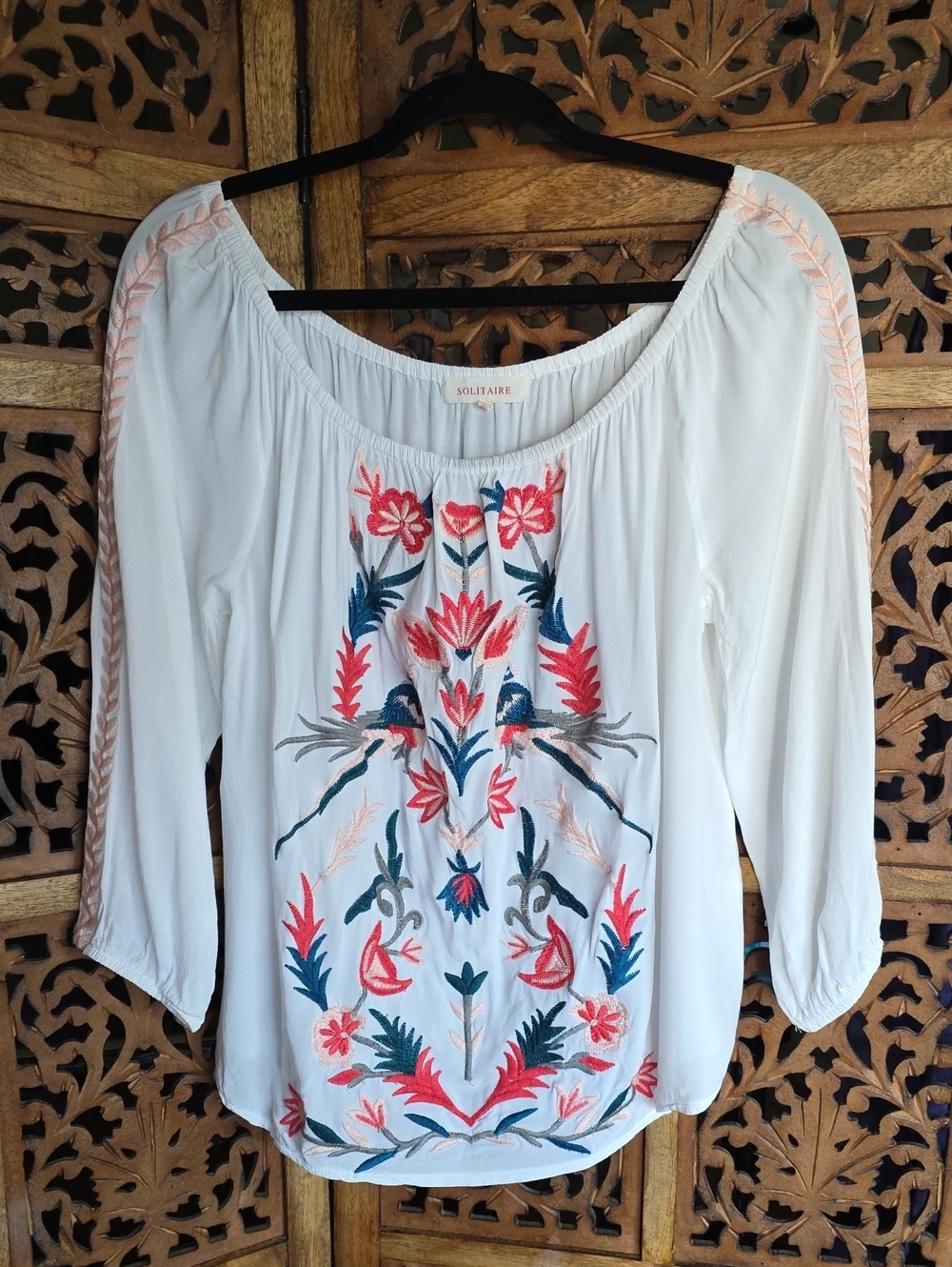 Solitaire White Embroidered Peasant Top with Pink & Blue Floral Detail